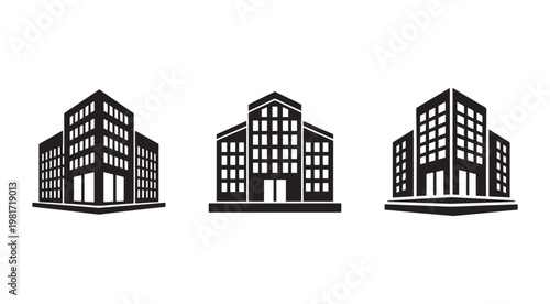 Set of three black silhouette office buildings with multiple windows and flat roofs on white background  modern architecture icons
