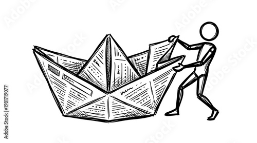 Paper Boat and Figure Launching on Concept