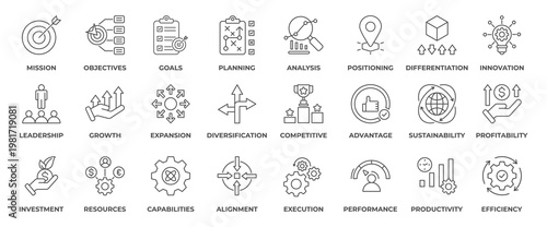 Business Strategy Icon Set. Containing icon mission, objectives, goals, planning, analysis, positioning, investment, innovation, leadership, growth and more. Outline Style Icon Vector Illustration.