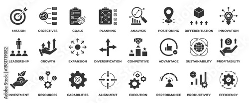 Business Strategy Icon Set. Containing icon mission, objectives, goals, planning, analysis, positioning, investment, innovation, leadership, growth and more. Glyph Style Icon Vector Illustration.