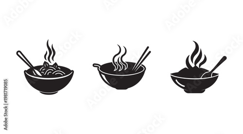 Set of three black silhouettes of steaming bowls of noodles with chopsticks and spoons on white background  food icons