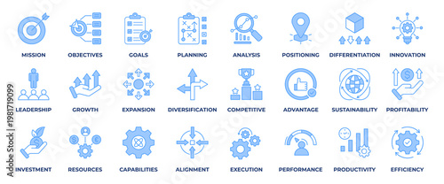 Business Strategy Icon Set. Containing icon mission, objectives, goals, planning, analysis, positioning, investment, innovation, leadership, growth and more. Blue Style Icon Vector Illustration.