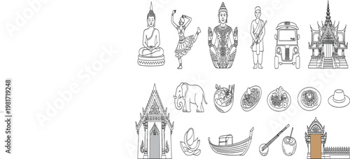 Thailand travel icons set with Buddha, temple, elephant and tuk tuk, vector line art illustration