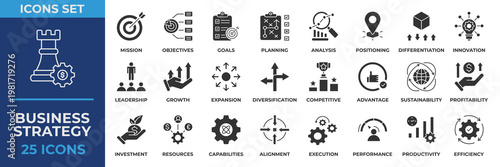 Business Strategy Solid Icon Collection Set. Containing mission, objectives, goals, planning, analysis, positioning, investment, innovation, leadership, growth and more. Glyph Icon Vector Illustration