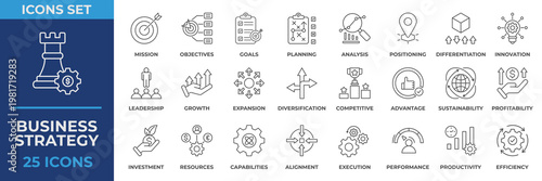 Business Strategy Line Icon Collection Set. Containing mission, objectives, goals, planning, analysis, positioning, investment, innovation, leadership, growth and more. Line  Icon Vector Illustration.