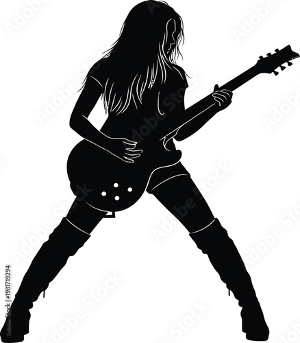 Black and White Silhouette of a Cool Female Musician Playing an Electric Guitar in a Rock Performance Pose Isolated on White Background