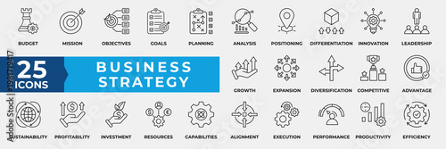 Business Strategy icons set collection. Containing mission, objectives, goals, planning, analysis, positioning, investment, innovation, leadership and growth icon. Simple Line Icon Vector Illustration