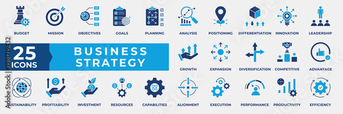 Business Strategy icons set collection. Containing mission, objectives, goals, planning, analysis, positioning, investment, innovation, leadership and growth icon. Simple Flat Blue Vector Illustration