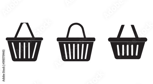 Set of three different shopping basket icons in black color on white background