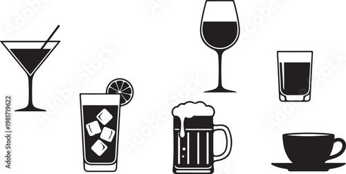 Drink Glass Silhouette, Beverage Black Vector Isolated on White Background.