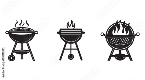 Three barbecue grills with smoke and flames burning on top for outdoor cooking and grilling food  simple black and white icons