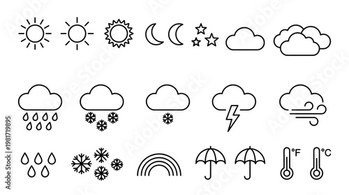 Weather icons set featuring sun, moon, clouds, rain, snow, lightning, wind and related atmospheric symbols for UI design