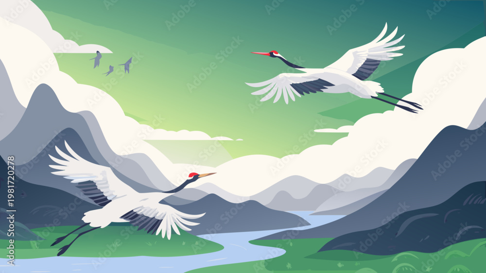 Fototapeta premium Crane Birds Flying Scene Vector Illustration of e