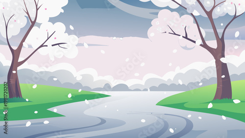 Cherry Blossom River Scene Vector Illustration of