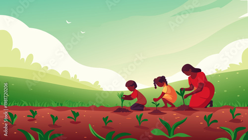 Children Learning Gardening Scene Vector Illustra