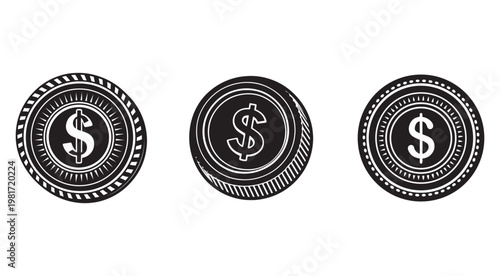 Three black and white dollar coins with different designs on white background  finance symbols