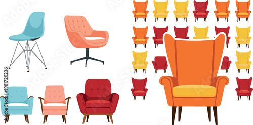 Armchair and chair set with modern and classic furniture designs isolated on white background, interior seating vector illustration collection