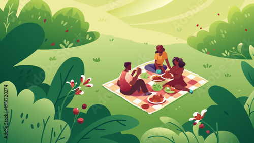 Community Garden Picnic Scene Vector Illustration