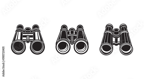 Three black and white illustrations of binoculars in different perspectives for observation and exploration purposes easily identifiable by their distinct shapes and designs  perfect for various uses
