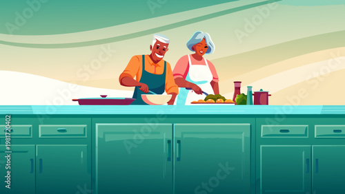 Elderly Couple Cooking in Kitchen Scene Vector il