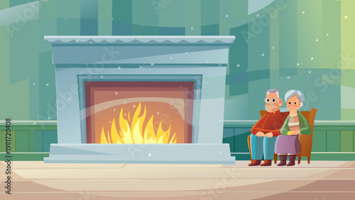 Elderly Couple Sitting by Fireplace Scene Vector