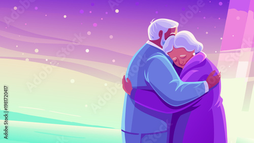 Elderly Couple Hugging Scene Vector Illustration
