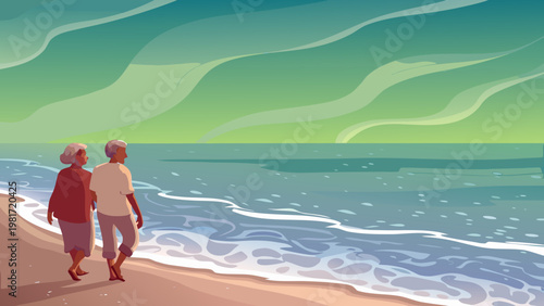 Elderly Couple Walking by The Sea Scene Vector il