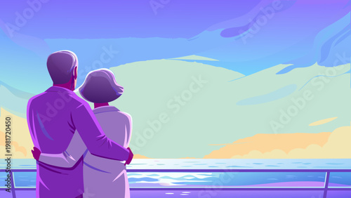 Elderly Couple Watching Sunrise Scene Vector Illu