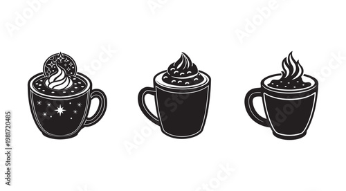 Three black and white illustrations of cups of hot chocolate with whipped cream and cookies on top isolated on white background