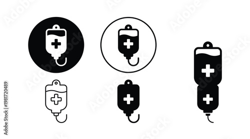 Medical iv bag set black and white line art variations for healthcare and emergency applications