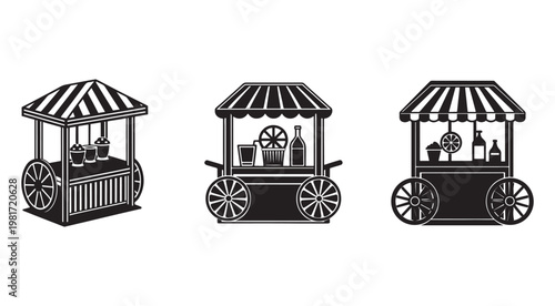 Three black and white illustrations of food carts with striped awnings and various food and drink items on display  vendor carts for selling snacks and beverages
