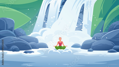 Gentle Woman Meditating Among Waterfall Rocks Scen