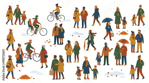 Diverse group of people walking, cycling, and socializing in an urban street scene illustration