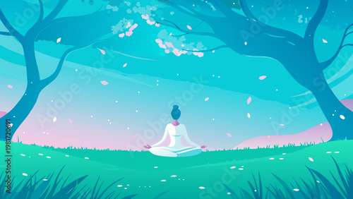 Graceful Woman Meditating Among Cherry Blossoms sc