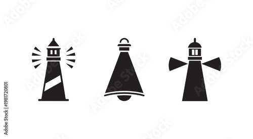 Three black and white lighthouse icons with different designs and beams  navigation aids for maritime safety and guidance