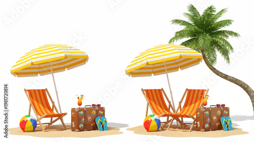 Two striped beach chairs with yellow umbrellas on a sunny tropical beach, beside a wooden drinks table and palm trees, a perfect vacation scene.