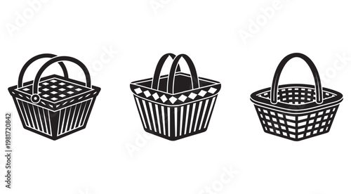 Three black and white shopping baskets with different designs on white background for grocery shopping icon  basket collection