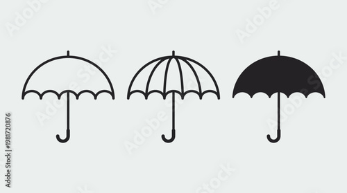 Three umbrellas in different styles (outline, striped, and solid) on a pale background; minimalist vector illustration for rain, fashion, design, and stock graphics.