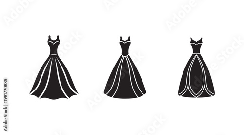 Three black and white silhouette ball gowns with white outlines formal evening wear dresses isolated on white background  elegant fashion design elements