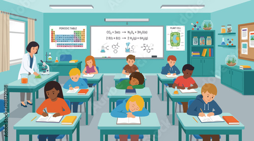 This vibrant illustration depicts students engaged in learning activities in a classroom setting, emphasizing the importance of education and collaborative learning experiences.