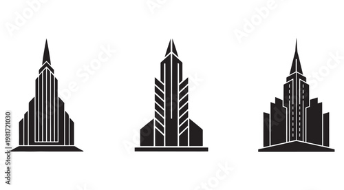 Three black and white skyscraper silhouettes with pointed tops and various architectural details on white background  urban landscape elements