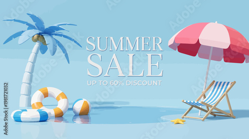 Summer Sale Banner featuring a poolside scene with palm tree, lifebuoy, beach ball, inflatable floats and striped umbrella – up to fifty percent discount