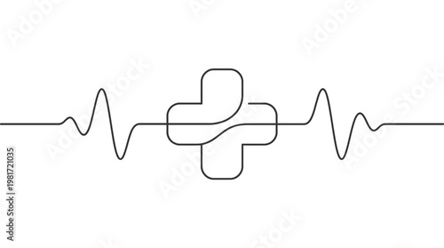 A minimalist line art illustration combining a medical cross with a dynamic electrocardiogram heartbeat waveform