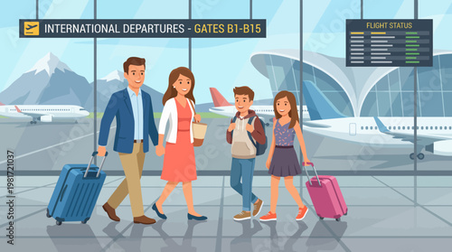 An animated depiction of a family happily traveling together at an airport, showcasing the excitement of travel and exploration in a warm and inviting atmosphere.