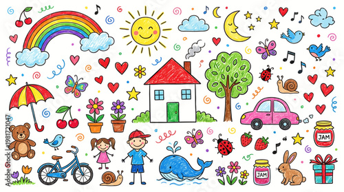 Colorful cartoon collage showing kids, family, home, nature, and transport icons with rainbow, sun, clouds, and playful animals in a bright vector illustration