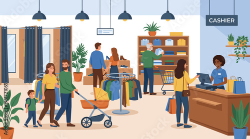A lively illustration of a retail store showcasing shoppers interacting, displaying a bustling shopping atmosphere and customer engagement.