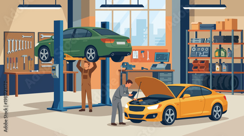 This vibrant illustration depicts a modern car repair workshop, showcasing mechanics and tools, ideal for businesses in the automotive sector seeking to represent their services visually.