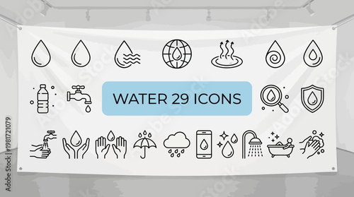 Water 29 Icons: Clean outline icon set for hydration, beverages, sustainability, and UI design
