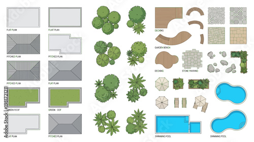 Comprehensive garden landscaping elements kit featuring trees, shrubs, pavers, stepping stones, gravel, and pool shapes for landscape design layouts.
