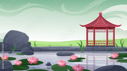 Lotus Pond Garden Scene Vector Illustration of ca